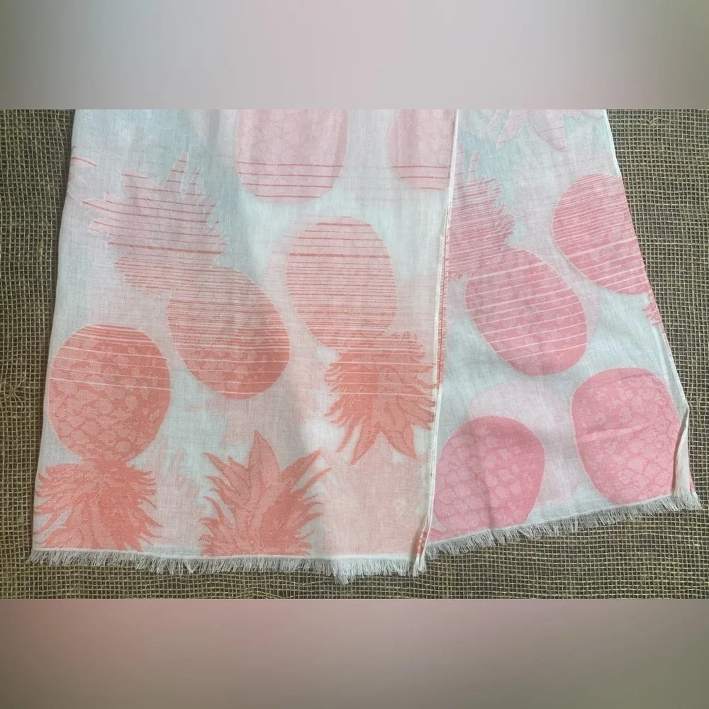 Scarf White With Pink Peach & Purple Pineapples Fringe
